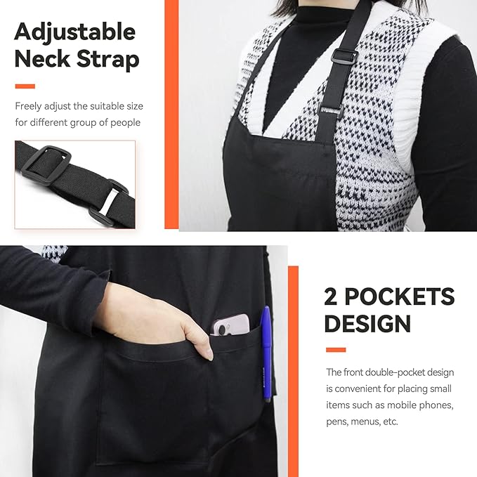 NLUS 2 Pack Kitchen Cooking Aprons, Adjustable Bib Soft Chef Apron with 2 Pockets for Men Women (Black,2)