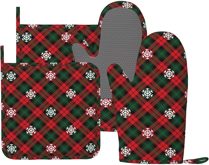Red Green Plaids Oven Mitts and Pot Holders Set, 4pcs Retro Christmas Plaid Silicone Oven Glove for Kitchen Heat Resistant Oven Mitts and Potholders Non-Slip for Cooking