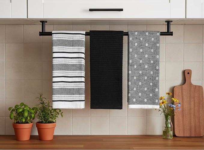 Black White Kitchen Hand Dish Towels: Oversized 28" x 16",100% Cotton Cloth Soft Cleaning Drying Absorbent Striped Solid Polka Dot Design, Set of 3 Multipurpose for Everyday Use (Black Austin)