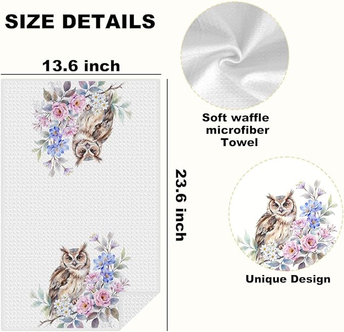 4 Pcs Watercolor Owl Kitchen Towels, Artistic Floral Decorative Absorbent Microfiber Dish Cloth Tea Towel, Pastoral Waffle Soft Hand Towels for Farmhouse Home Bathroom Decor, Owl Gifts for Women