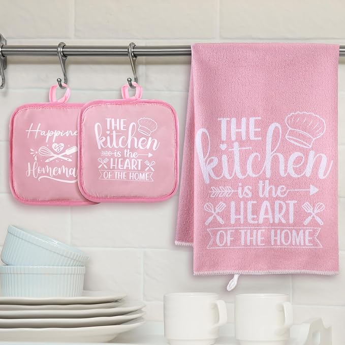 Sratte 6 Pcs Kitchen Decor Accessories Set Farmhouse Towels Pot Holders Oven Mitts Set 2 Dish Towels 2 Potholders 2 Cooking Mittens Oven Glove for Christmas Baking Cooking Supply(Pink,Kitchen)