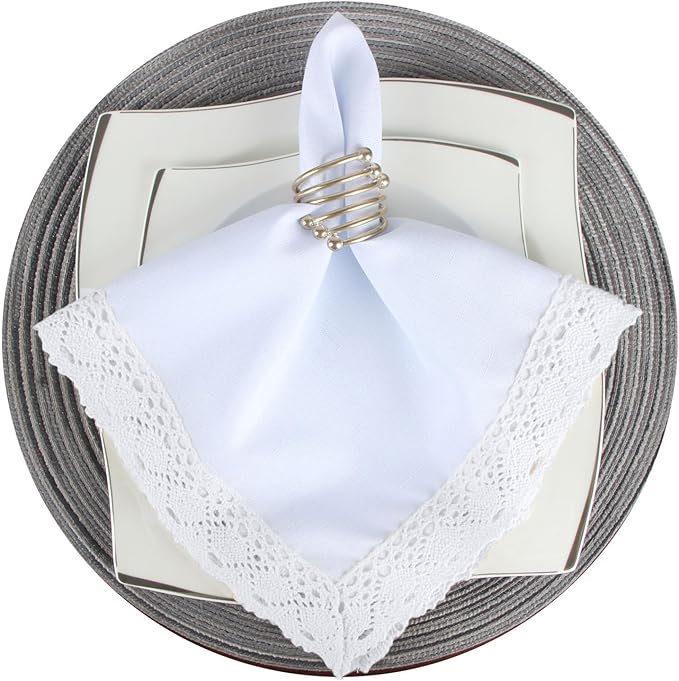 EHouseHome Dinner Cloth Napkins with Lace Trim Waterproof Spillproof Faux Linen Fabric Napkins,Set of 6, 18 x 18 Inch,White