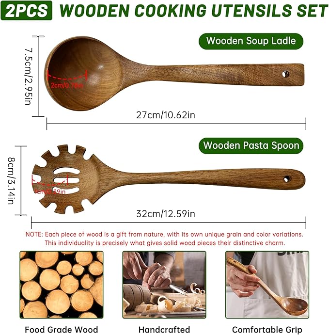 2PCS Wooden Ladle Set, wood ladle and Wooden Pasta Spoon with Hole, Durable Natural Wood, Non Scratch Cooking Tools for Soup, Pasta and Stirring
