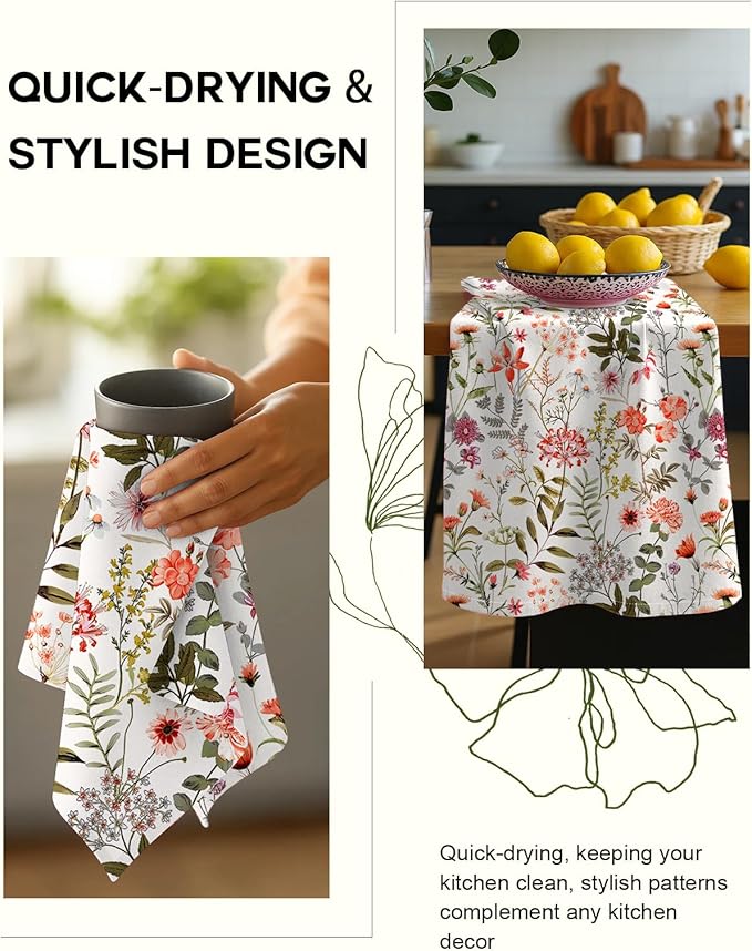 Miss Adola Flour Sack Kitchen Towels Set of 2-18x26 Cotton Dish Towels with Hanging Loop Reusable Tea Towel for Cleaning Spring Absorbent Dishcloths Cute Home Decor Housewarming, Flower Shrubs
