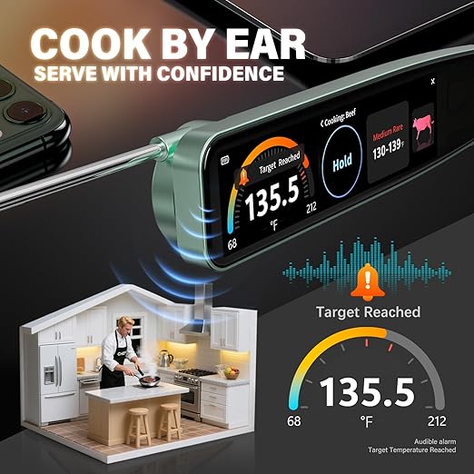 AWLKIM Instant Read Meat Thermometer Digital, 3.8" Touchscreen No App Needed – Rechargeable Waterproof Kitchen Food Thermometer Probe for Cooking, Grill, BBQ, Candy, Oil Frying, ±0.5°F