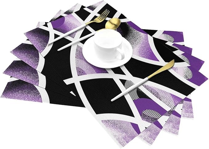 Modern Geometric Abstract Purple Placemats Set of 4, Linen Durable Non-Slip Heat-Resistant Washable Black White Purple Patterned Place Mats for Dining Table, Kitchen, Party, Kitchen Table Mats Decor