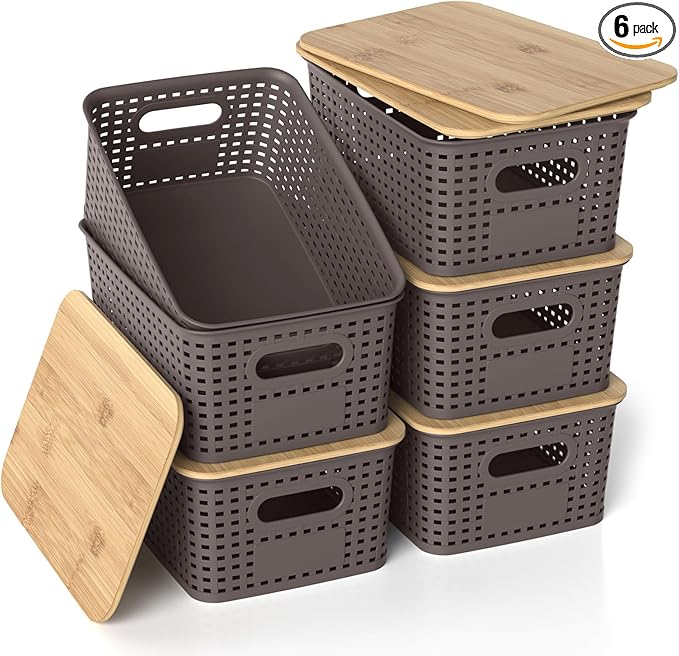 Plastic Storage Baskets with Bamboo Lids, Stackable Small Box Bins for Organizing and Containers for Shelves Drawers Desktop Closet Pantry Classroom Office Home, 6 Pack 10.2x7.2x4.1 Inch, Brown