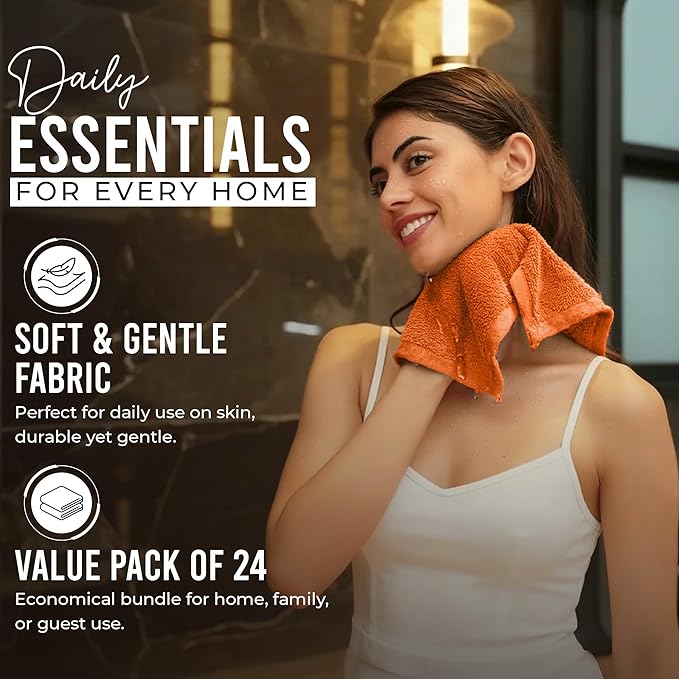 RIVERSIDE Pack of 24 Wash Cloths for Showering, 12 x 12 Inches, Super Soft & Absorbent, 100% Cotton Washcloths Premium Quality Flannel Face Cloths for Bathroom, Gym, Spa (Orange, 24 Pack)