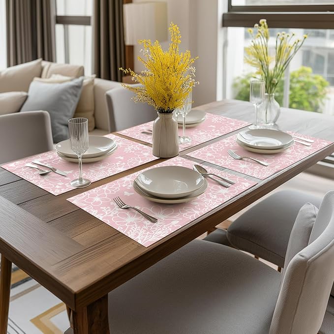 Artoid Mode Pink Weed Wild Flower Vinyl Plastic Placemats Set of 4, 12x18 Inch Woven Washable Non-Slip PVC Place Mats for Party Kitchen Dining Decor