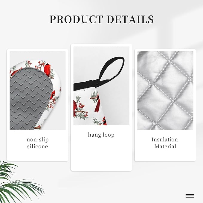 Christmas Cardinal Birds Oven Mitts and Pot Holders Sets of 3, Cardinal Birds Red Berry Decor Oven Mitts, Rdinal Bird Kitchen Decor Heat Resistant Non-Slip Silicone Gloves for Cooking Baking BBQ