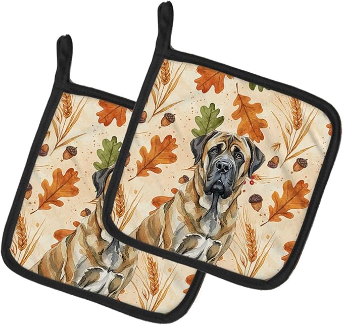 Caroline's Treasures Brindle English Mastiff Heirloom Fall Pair of Pot Holders Pair 7.5x7.5 Quilted Insulated Hot Pads Decorative Kitchen Gift Made in USA