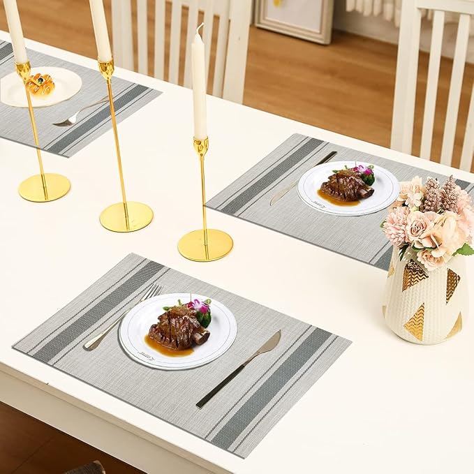 DACHUI Placemats Set of 8, Soft & Elegant Woven Vinyl Place Mats, Water Resistant, Heat Resistant, Washable, Durable Table Mats (Grey Stripes)
