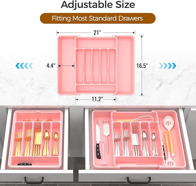 ukeetap Extra Large Expandable Silverware Organizer, BPA-Free Food-Safe Cutlery Flatware Organizer, Kitchen Utensil Drawer Organizer, Adjustable Silverware Holder for Spoons Forks Knives, Pink