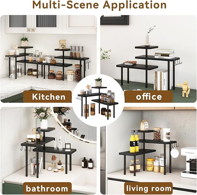 IBUYKE Countertop Organizer,3-Tier Spice Racks,Kitchen Counter Corner Shelf,4 Side Hooks,Adjustable Countertop Shelf for Kitchen, Bathroom, Coffee Bar, Cabinet, Desk,Black,TLJ023B