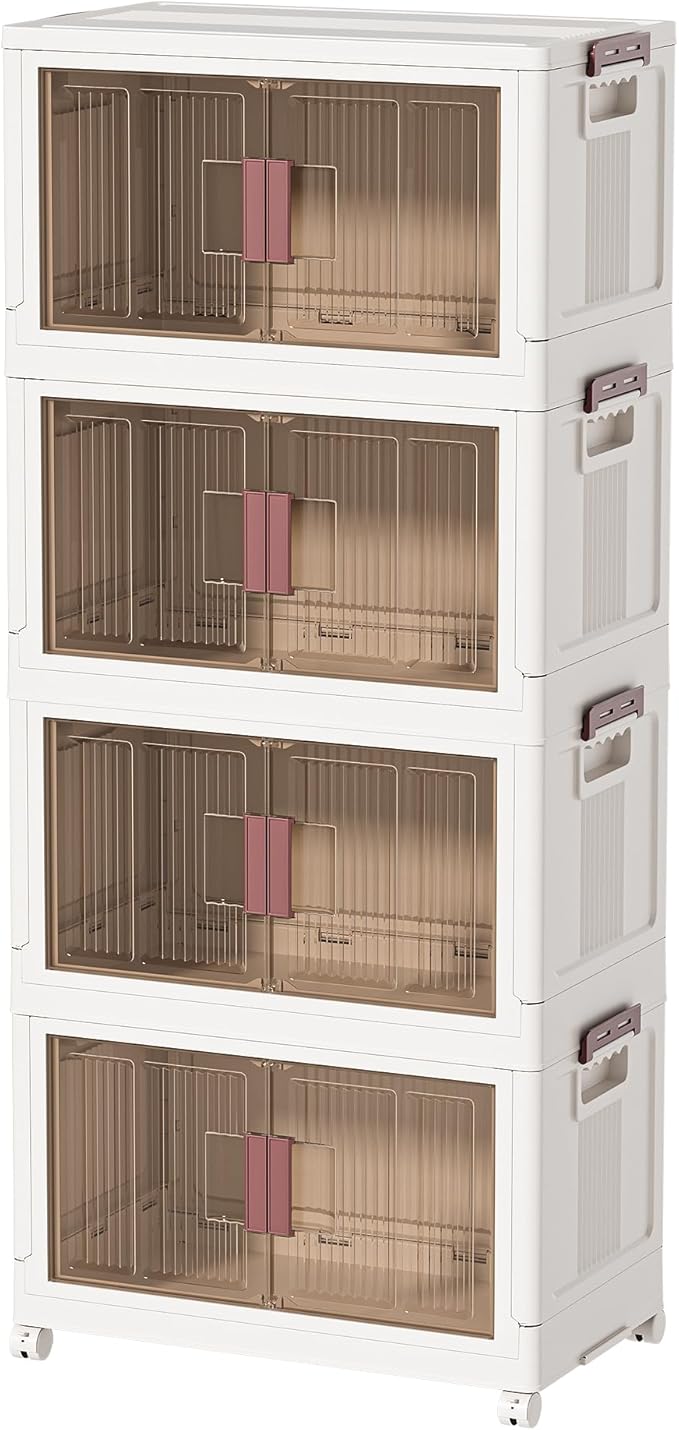 32GAL/128QT 4 tier large stackable storage bins with lid and wheels, collapsible storage bins plastic with doors，suit for clothes, closet, home and office