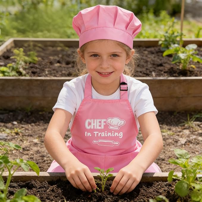 Kids Apron and Chef Hat Set Adjustable Child Aprons with 2 Large Pockets for Girls Boys Cooking Baking Painting Gift