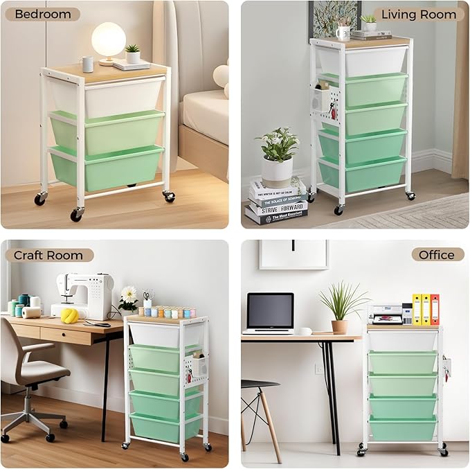 Rolling Cart with 5 Drawers, Plastic Drawer Storage Carts with Wheels & Wooden Tabletop, Metal Utility Cart with Pegboards, Office Living Room Classroom Craft Organization and Storage, Bright Green