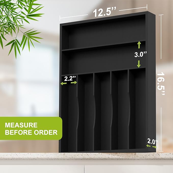 Unibambou Sliverware Organizer, Bamboo Kitchen Drawer Organizer, Flatware Organizer Tray Holder for Sliverware, Utensil & Cutlery (Black, 7 Slots)