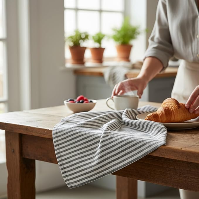 Eight Owls Stonewashed Linen Kitchen Dish Towels - 20 x 27 inch – 100% Pure Linen Tea Towel/Hand Towel - Set of 2 (Charcoal Stripe)