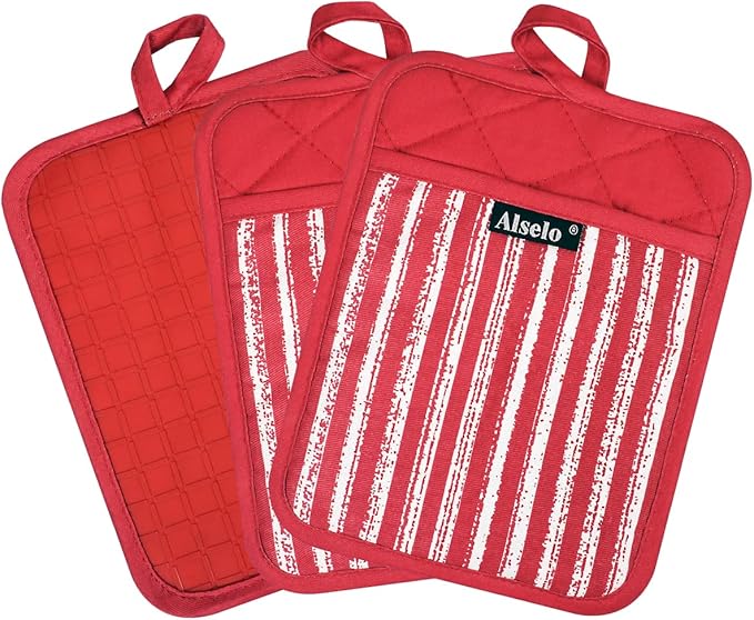 Alselo Silicone Pot Holders Set of 3 Heat Resistant & Non Slip Potholders, Professional Oven Hot Pads with Pockets Mitts for Kitchen Cooking Baking Barbecue (3, Red)