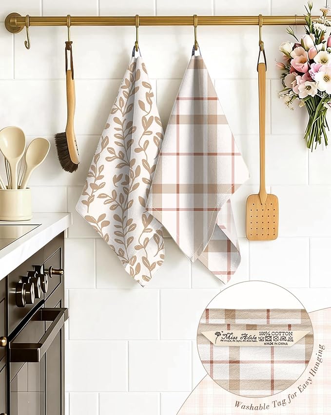 Miss Adola 2pcs Flour Sack Kitchen Towels - 18"x 26" Cotton Kitchen Hand Towels with Hanging Loop Reusable Geometric Beige Plaid Floral Tea Towel Absorbent Dishcloths Home Decor, Botanical Floral