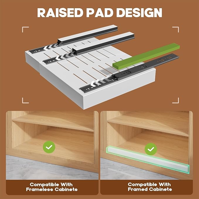 Seinloes 2 Pack Expandable (15.1"-26.3") Pull Out Cabinet Organizer 21" Deep With Raising Pad for Framed Cabinets,Upgrade 3 Slide Rails Slide Out Drawers,No Drill Roll Out Shelves Adhesive,White