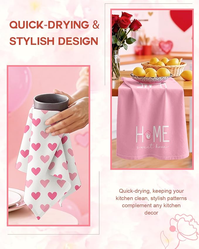 Miss Adola Valentine Day Kitchen Towels Set of 2 - Flour Sack Tea Towels with Hanging Loop 18x26 Inch Home Sweet Home Hand Dish Cloths Pink Hearts Absorbent Reusable Dishcloths Cute Valentine Decor