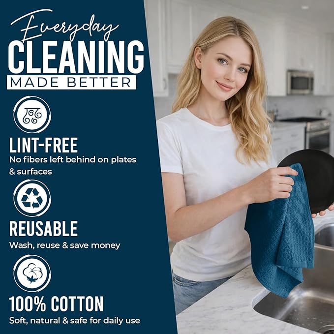 DAN RIVER Premium Dish Cloth 100% Cotton 12 X 12 Inches |Pack of 8|-Ultra Soft Tea Towels-Highly Absorbent Kitchen Rags-Terry Dishcloth for Kitchen and Household Cleaning |Blue Opal|