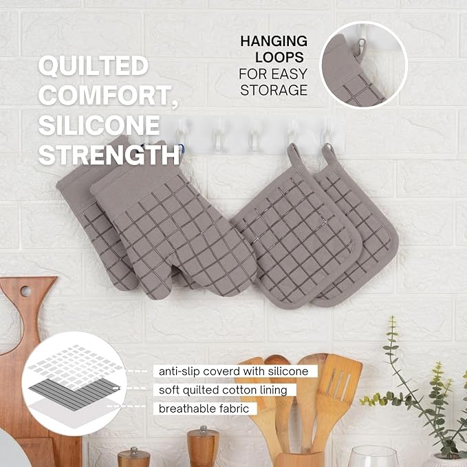 Oven Mitts and Pot Holders Set for Kitchen | 4 Pc Set| Heat Resistant Up to 500°F | Non-Slip Silicone Strips | Grey Kitchen Accessories | Includes 2 Hot Pads & 2 Cooking Mitts