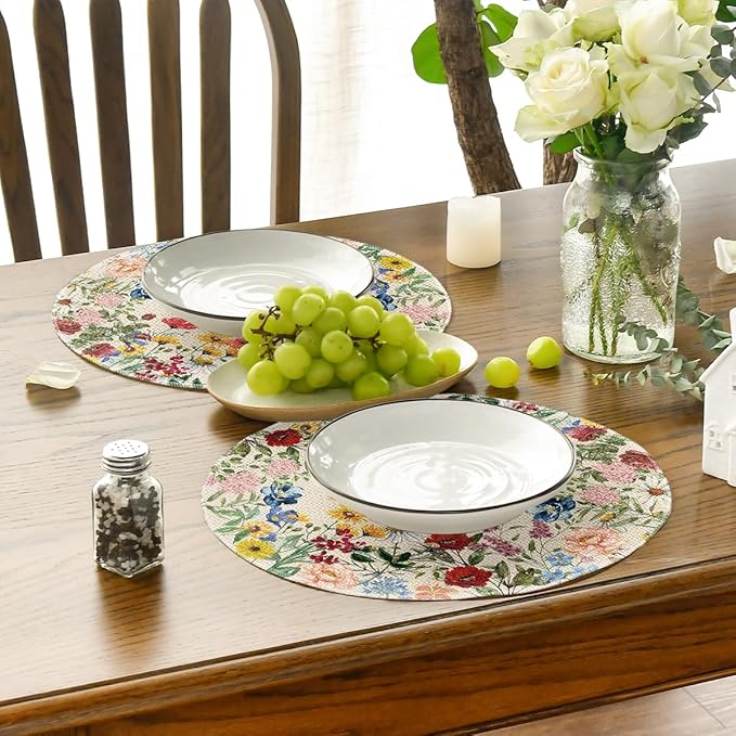 Artoid Mode Vintage Floral Spring Round Placemats Set of 4, 14 Inch Seasonal Holiday Round Table Mats for Party Kitchen Dining Decoration