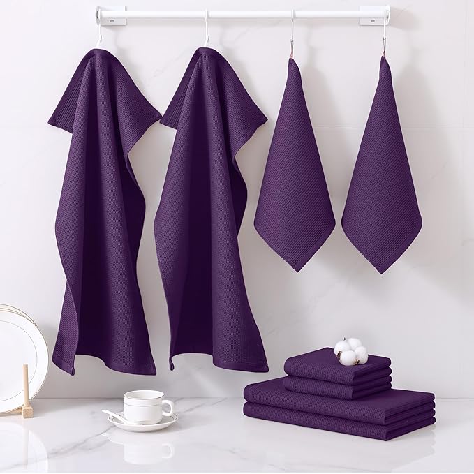 Homaxy 100% Cotton Kitchen Towels and Dishcloths Set - 8 Pack Waffle Weave Soft and Absorbent Dish Towels - 26 X 16 Inch and 12 X 12 Inch - Eggplant