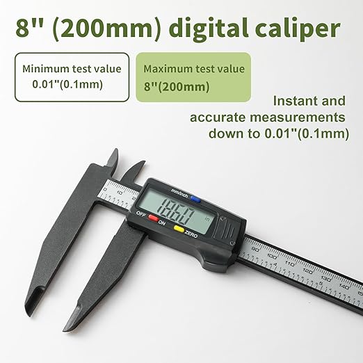 Digital Caliper 0-8" Measuring Tool, Micrometer Caliper with Auto-Off Feature, Interchangeable Between inches and millimeters for Jewelry Measurement and 3D Printing