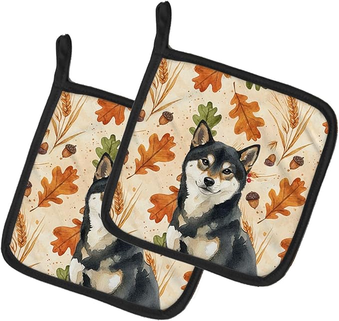 Caroline's Treasures Black and Tan Shiba Inu Heirloom Fall Pair of Pot Holders Pair 7.5x7.5 Quilted Insulated Hot Pads Decorative Kitchen Gift Made in USA
