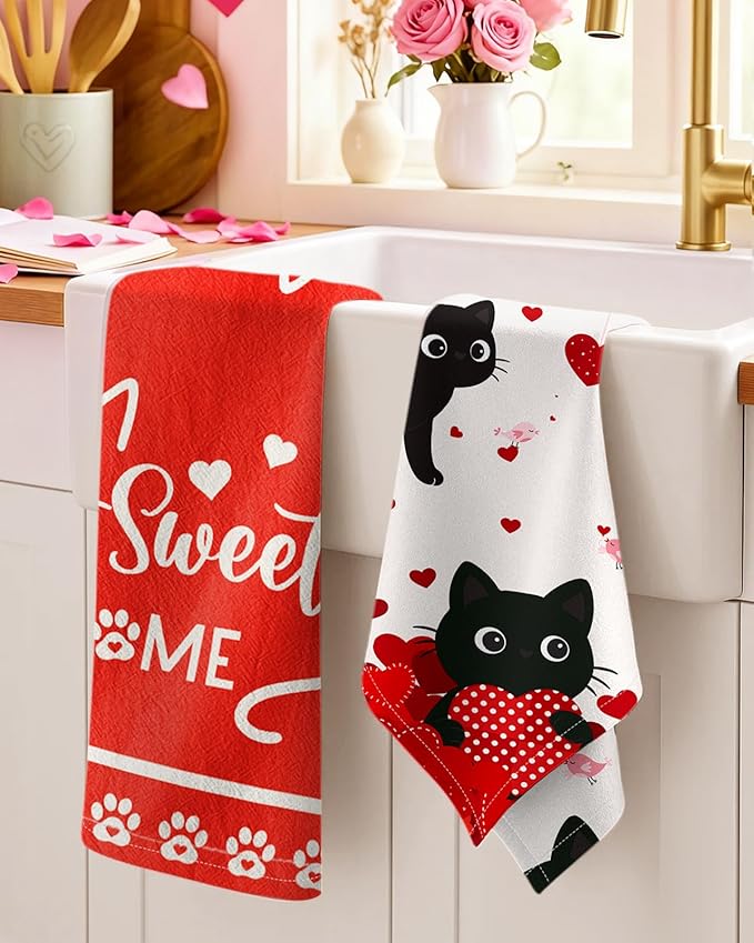 Miss Adola Valentine Day Kitchen Towels Set of 2 - Flour Sack Tea Towels with Hanging Loop 18x26 Inch Sweet Home Hand Dish Cloths Red Hearts Cats Absorbent Reusable Dishcloths Cute Valentine Decor