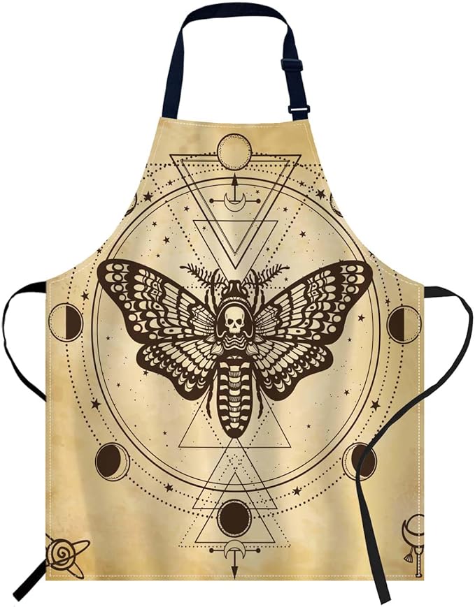 oFloral Mystical Butterfly Moth Dead Head Moon Wings Vintage Apron Adjustable Apron Cooking Kitchen Chef Women Men Aprons for Home Kitchen, Restaurant, Coffee House, Baking Gardening BBQ