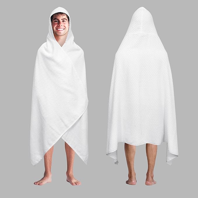 COTTON CRAFT Hooded Bath Towel – Oversized 35 x 70 Waffle Weave Towel with Hood for Adults - 100% Ringspun Cotton Pool Bath Sheet Wrap with Hood - Soft Super Absorbent Quick Dry – 450 GSM – White