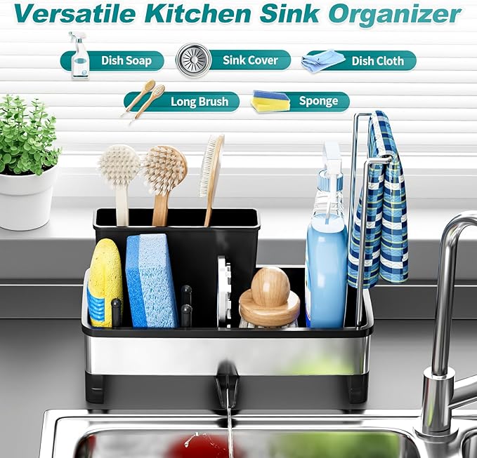Ewaiira Stainless Steel Sink Caddy, Sponge Holder for Kitchen Sink with Brush Holder Dishcloth Rack, Rustproof sink Organizer Countertop, Soap Dispenser Kitchen Organizers Storage Essentials,9.8″Black