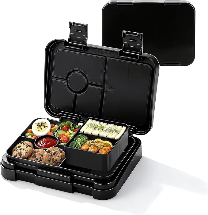 Bento Lunch Box for Kids, 6 Compartments BPA Free, Dishwasher Safe Back to School Snack Bento Lunch Containers Boxes, Ideal Portion Sizes for On-the-Go Meal, Ages 3+, School, Black