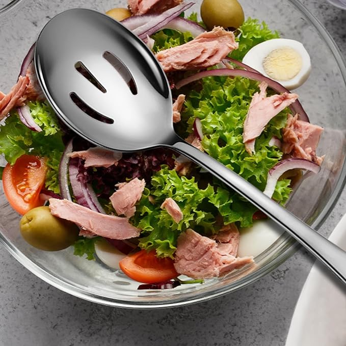 4 Piece Stainless Steel Serving Spoons Set, 10-Inch, Includes 2 Large, 2 Slotted, for Parties/Kitchen/Buffet/Catering, Dishwasher Safe