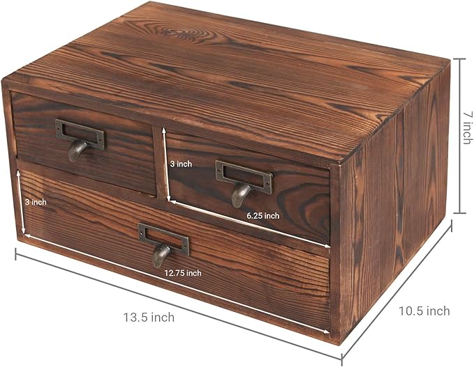 MyGift Wooden Desk Organizer with Drawers, Dark Brown Wood Desktop Storage Cabinet with 3 Drawers for Office Supplies, Sewing Kits and Accessories
