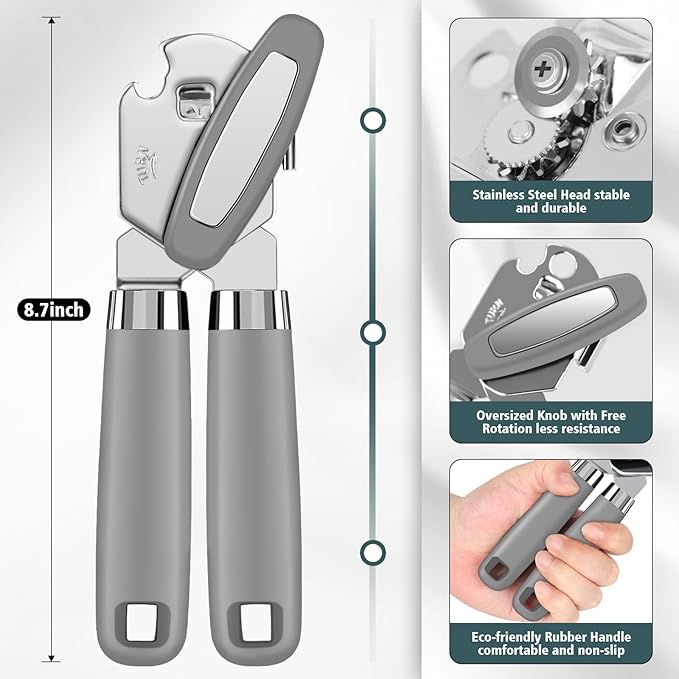 Multifunctional Heavy Duty Can Opener Manual Smooth Edge Can Opener and Bottle Openers with Magnet Durable Sharp Cutting Blade Comfortable Handle Big Effort-Saving Knob Kitchen Tool