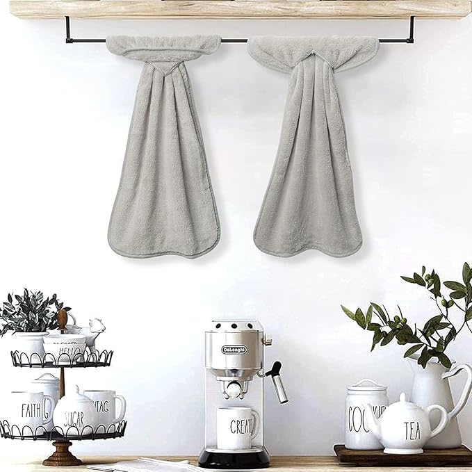 R HORSE 4Pcs Grey Hand Towels with Hanging Loops, Absorbent Coral Fleece Gray Kitchen Cleaning Dishcloth Soft Thick Oven Dish Cloth Dry Hanging Hand Towel for Kitchen Bathroom