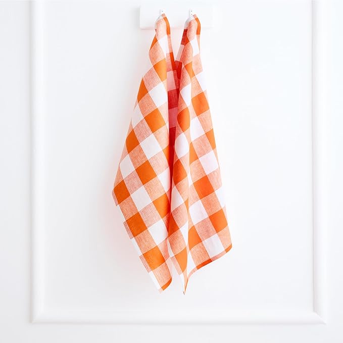 Solino Home Linen Kitchen Towels Set of 2 - Pumpkin and White 16.5 x 26.5 Inch - 100% Pure Linen Buffalo Check Kitchen/Tea Towels - Machine Washable and Handcrafted from European Flax