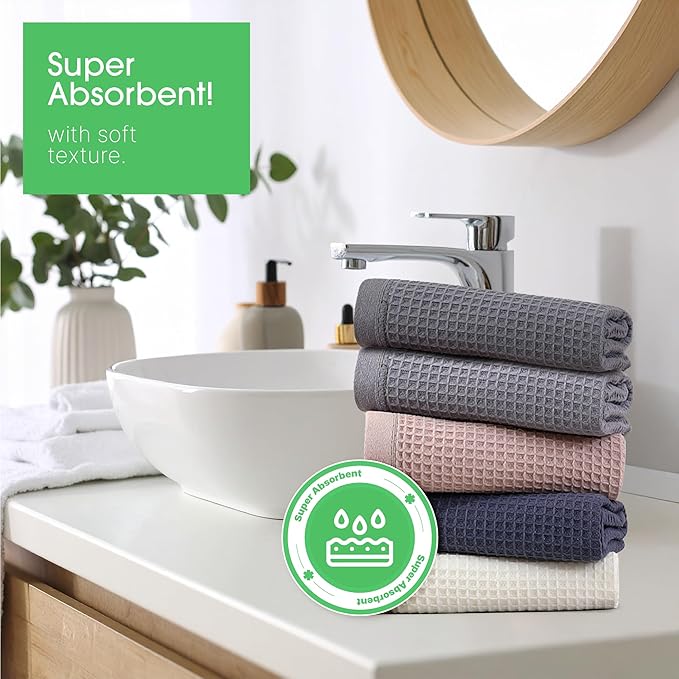 5 Pack Hand Towels, Bath Towels, Kitchen Towels and Dishcloths Sets, 30 x 14 Inches, Absorbent Dish Towels for Kitchen, Microfiber Cleaning Cloth, Waffle Kitchen Towels (Multicolored)
