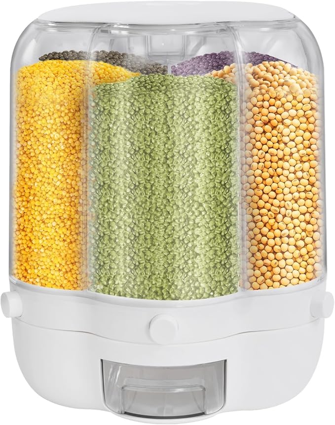 Cereal Dispenser, 6-grid 360° Rotating Grain Dispenser, 6 in 1 Sealed Clear Rice Dispenser, 12.5kg/27.56lbs Grain Storage Container, PP+PET Flower Shape Granular Dry Food Dispenser, 10.35*12.6in White
