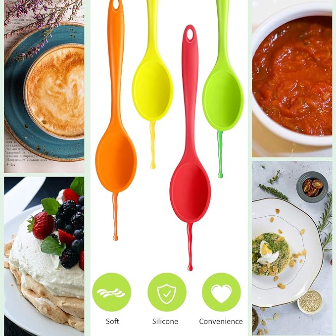 Shappy 4 Pieces Silicone Cooking Spoons 10.6 Inch Heat Resistant Kitchen Spoons for Mixing, Serving and Stirring Upgrade Large Non Stick Basting Utensils, Dishwasher Safe(Spoon,Bright Color)