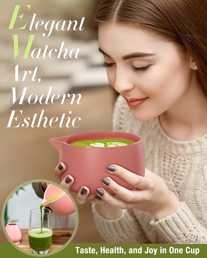 20OZ Matcha Whisk Set - 5PCS Matcha Set Includes Macha Bowl with Spout, Bamboo Whisk with Ceramic Holder, Bamboo Scoop and Sifter, Matcha Kit for Ceremony, Gift for Matcha Lovers (Blush Pink)
