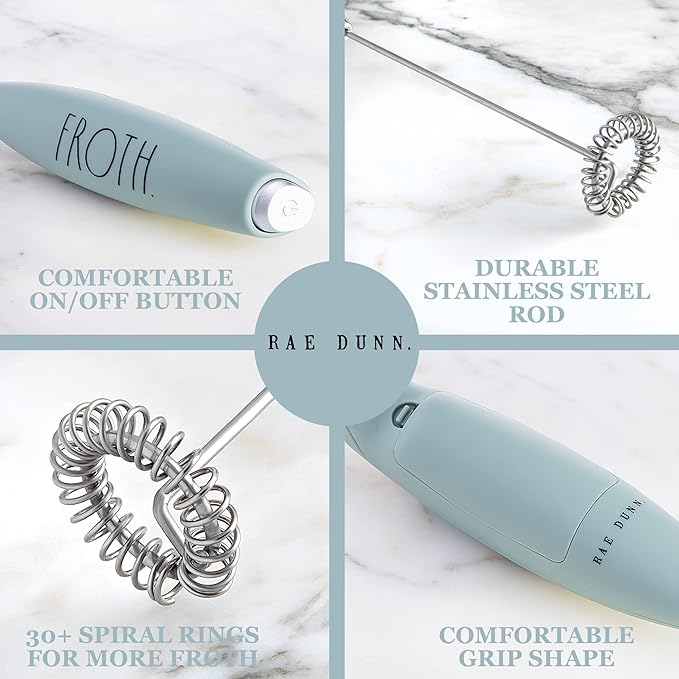 Rae Dunn Milk Frother- Handheld Electric Drink Mixer, Handheld Electric Milk Frother, Coffee Frother, Hand Blender, Frappe Maker, Handheld Latte Maker Milk Foamer (Sage)