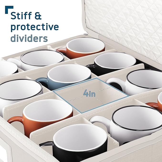 Coffee Mug Storage, 2 Pack Quilted and Stackable Coffee Cup Storage Organizer for Service of 24, Mug Storage Box with Dividers, China Containers Hard Shell for Moving and Organization, Cream