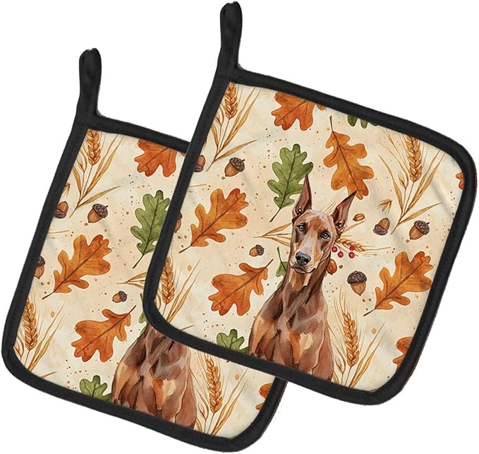 Caroline's Treasures Red Doberman Pinscher Heirloom Fall Pair of Pot Holders Pair 7.5x7.5 Quilted Insulated Hot Pads Decorative Kitchen Gift Made in USA